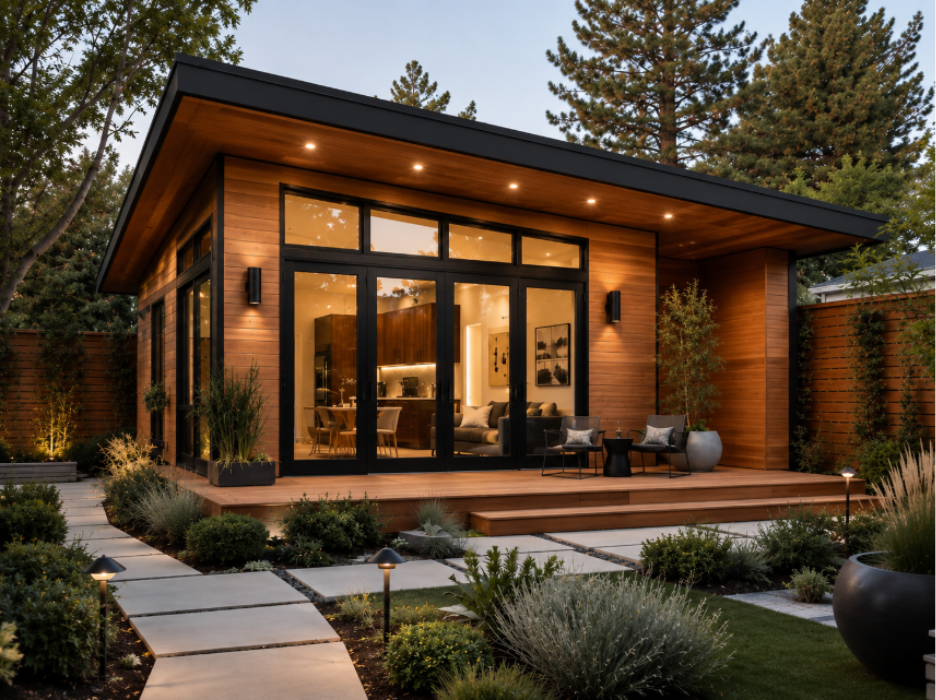 High-end backyard ADU with cedar siding, black-framed glass doors, recessed soffit lights, wood deck, seating, and garden path.