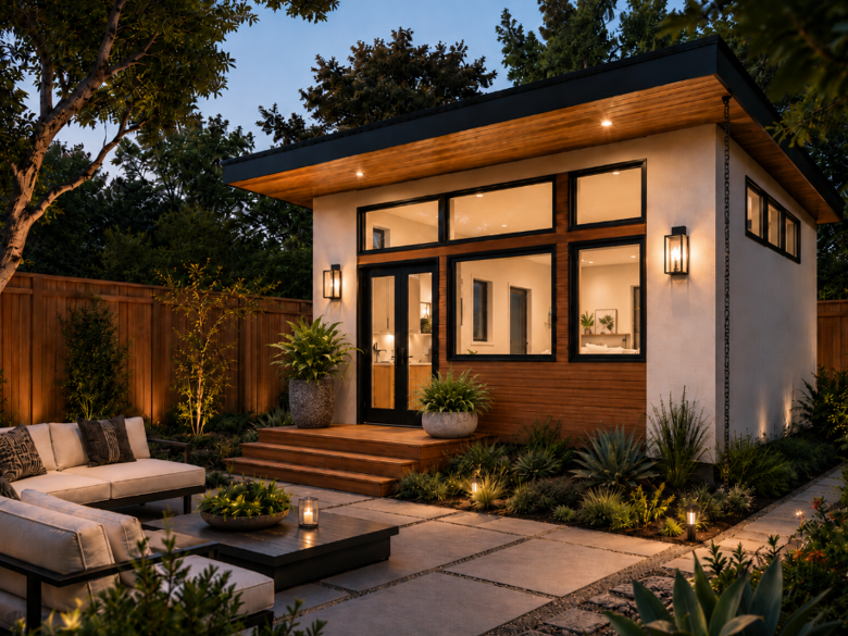Modern backyard ADU with wood fencing, black-framed windows, warm-tone interior lights, patio seating, pavers, and lush landscaping.
