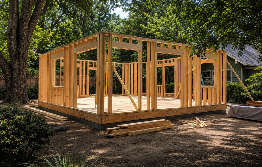 Wood-framed ADU under construction in a shaded backyard behind a green house, surrounded by green trees, dark soil, and stacked lumber.