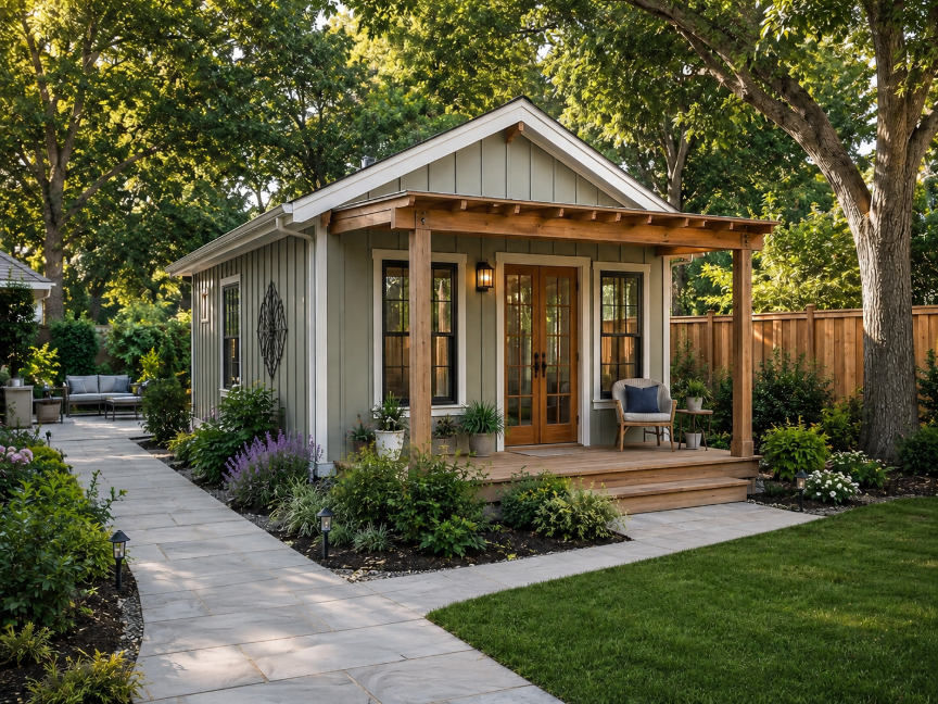 A gray-green wood paneled backyard ADU with warm wood porch, broad pale stone walkway, lush textured plants, and leafy trees in golden sunlight.